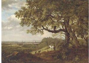 Figures on a viewpoint overlooking a town
