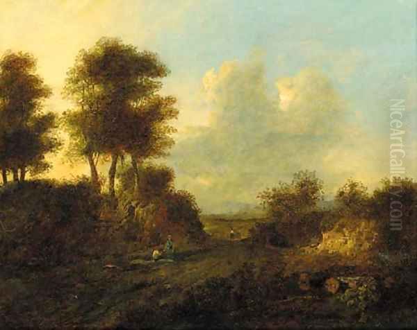 Figures resting on a track in a wooded landscape - view 1