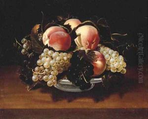 Peaches and grapes in a glass bowl on a stone ledge with a wasp by Panfilo Nuvolone