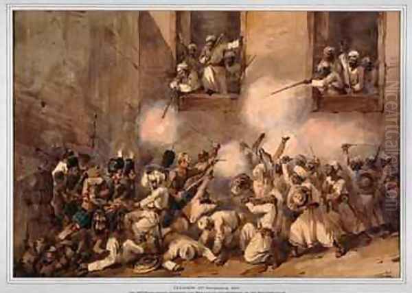 The 93rd Highlanders entering the breach at the storming of the Secundrabagh Lucknow 16th November 1857 - view 1