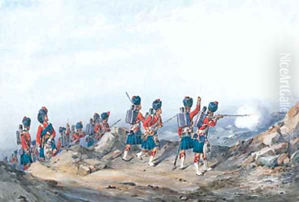 The 42nd Royal Highlanders Black Watch with Field officers attacking heights - view 1