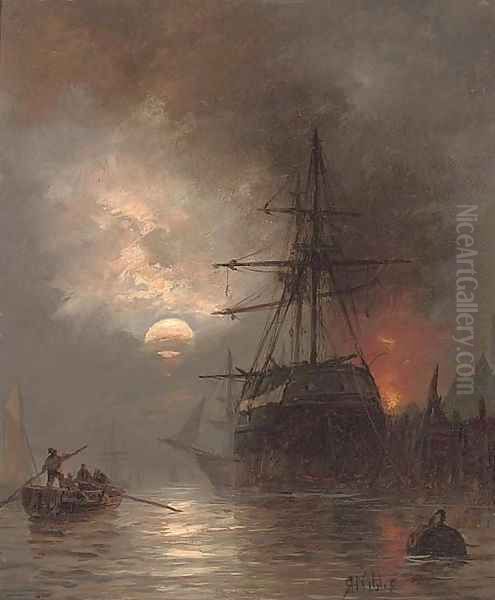 A trading brig in the harbour by moonlight - view 1
