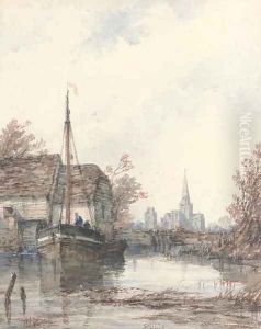 Chichester Cathedral from the mill at Fishbourne by Richard Henry Nibbs