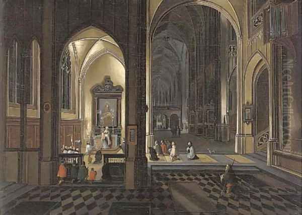 The interior of a Gothic Cathedral by night - view 1