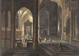 The interior of a Gothic Cathedral by night by Peeter, the Younger Neeffs