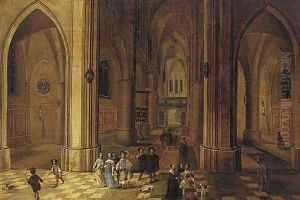 The interior of a gothic church by night with elegant company and torchbearers in the foreground by Peeter, the Younger Neeffs