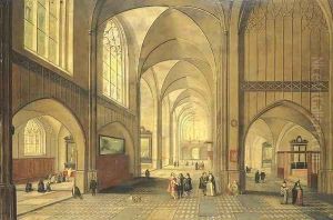 The interior of a cathedral with elegant company, a service in progress in a side chapel 2 by Peeter, the Younger Neeffs