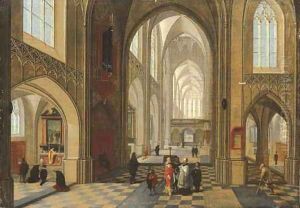 The interior of a cathedral with elegant company, a service in progress in a side chapel by Peeter, the Younger Neeffs