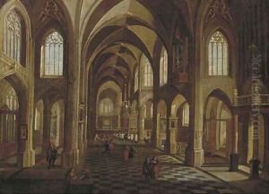The interior of a cathedral with elegant figures, a procession beyond by Peeter, the Younger Neeffs