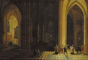 The interior of a Gothic cathedral at night with a procession in the foreground by Peeter, the Younger Neeffs