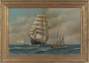 A Three Masted Ship With Smaller Craft