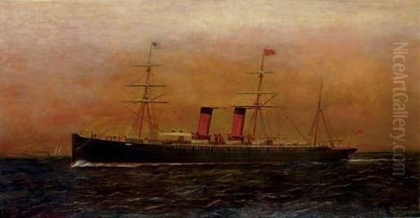 The British Steam Ship Umbria
Entering New York Harbor, Governors Island Off Her Starboard Side - view 1