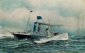 The Steamship Sail Ship New York With The Pilot Boat New Jersey by Antonio Nicolo Gasparo Jacobsen