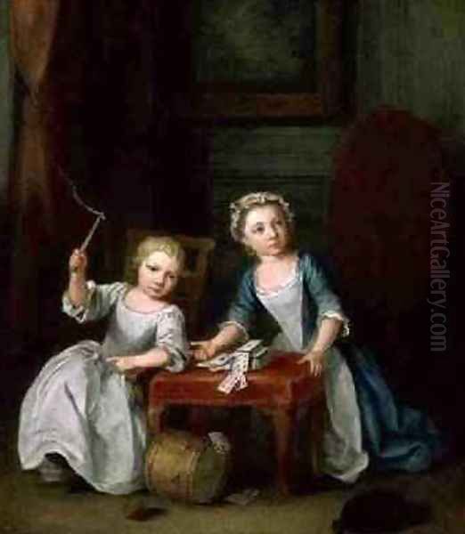 Two Children of the Nollekens Family Probably Jacobus and Maria Sophia Playing With a Top and Playing Cards 1745 - view 1