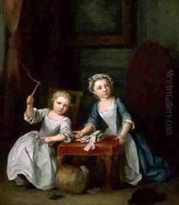 Two Children of the Nollekens Family Probably Jacobus and Maria Sophia Playing With a Top and Playing Cards 1745 by Joseph Francis Nollekens