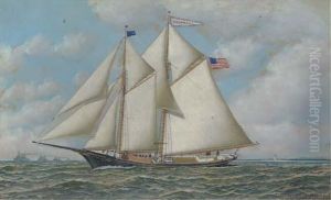 William Vincent Astor's Yacht Nourmahal Passing A Lighthouse With The Fleet Beyond