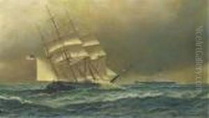 The Onaway Boston And A Steamship In The Distance Possibly Thelafayette by Antonio Nicolo Gasparo Jacobsen