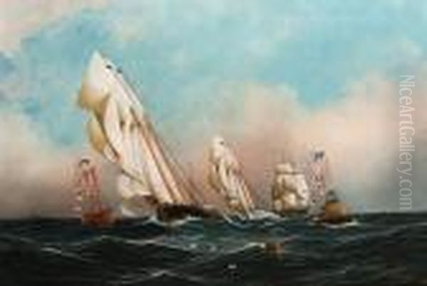 An American Schooner, Believed
To Be The "grayling" Trailing Behind The Leader As They Turn At The
Sandy Hook Lightship, The Referee's Boat Off Their Port Beam - view 1