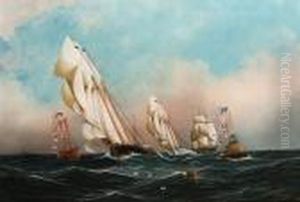 An American Schooner, Believed
To Be The "grayling" Trailing Behind The Leader As They Turn At The
Sandy Hook Lightship, The Referee's Boat Off Their Port Beam by Antonio Nicolo Gasparo Jacobsen