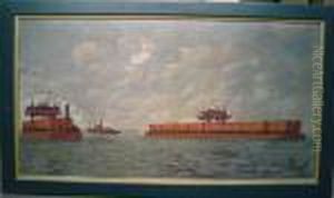 View Of New York, Philadelphia &amp; Norfolk Railroad Barges Andthe Tugboat 'pocomoke' by Antonio Nicolo Gasparo Jacobsen
