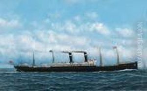 The 'zeeland' With The Statue Of Liberty, New York, In The Distance by Antonio Nicolo Gasparo Jacobsen