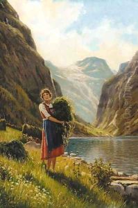 A young woman harvesting in a fjord scene
