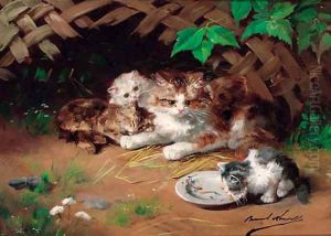 A kitten drinking milk by Alphonse Marie de Neuville
