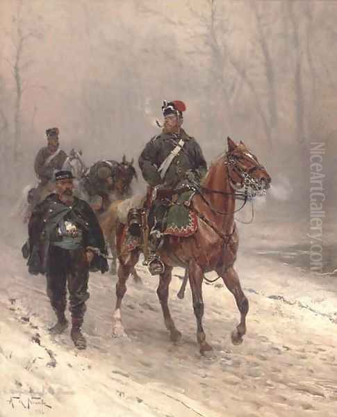 A Prussian hussar escorting a French prisoner on a winter track - view 1
