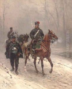 A Prussian hussar escorting a French prisoner on a winter track by Alphonse Marie de Neuville