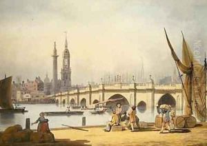 London Bridge and the Monument 1795 by Francis Nicholson