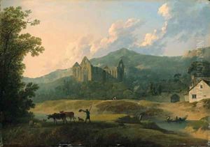 View of Tintern Abbey, with a herdsman and livestock in the foreground by Francis Nicholson