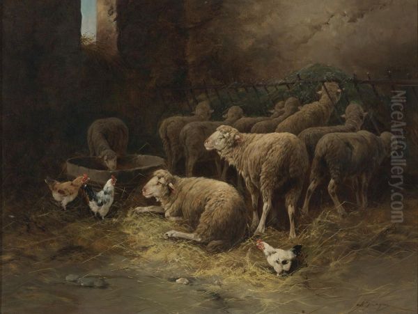 Sheep And Chickens In A Barn - view 1
