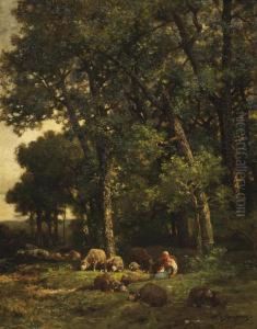 A Shepherdess With Her Flock In The Woods by Charles Emile Jacque