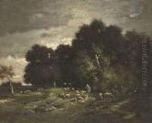 A Shepherd Grazing His Flock by Charles Emile Jacque