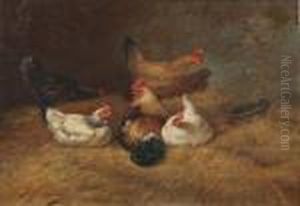 Cockerels And Chickens In The Hay by Charles Emile Jacque