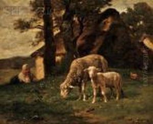 View Of A Shepherdess Watching A Grazing Ewe And Lamb Atpasture