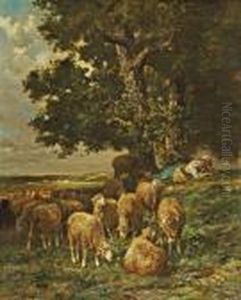 Bergere Et Son Troupeau A Barbizon by Charles Emile Jacque