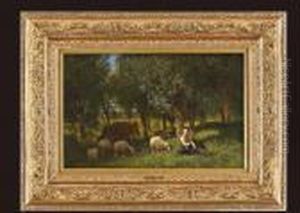 Sheperdess Girl With The Flock Of Sheep by Charles Emile Jacque