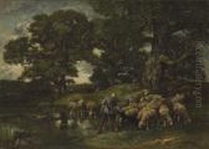 A Shepherd And His Flock By The Edge Of A Pond by Charles Emile Jacque
