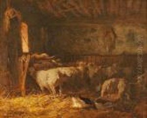 Poules Et Moutons A Etable by Charles Emile Jacque
