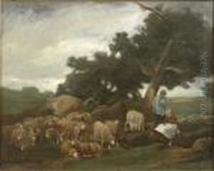 Shepherds Resting With Their Flock Beneath Trees by Charles Emile Jacque