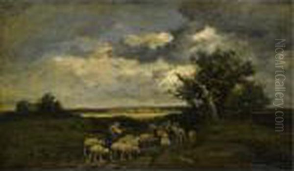 Shepherd With A Flock Of Sheep - view 1