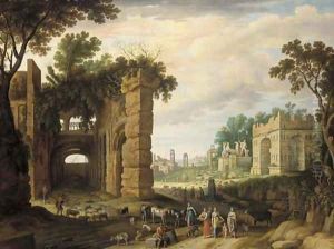 The Roman Forum with drovers and watercarriers on a path in the foreground by Willem van, the Younger Nieulandt