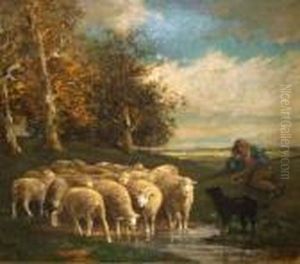 Youngshepherd Boy Resting On A Hillock, Dog Watching Sheep Watering by Charles Emile Jacque