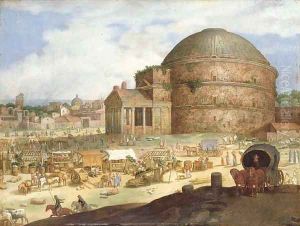 A view of the Pantheon, Rome, with townsfolk at a market by Willem van, the Younger Nieulandt
