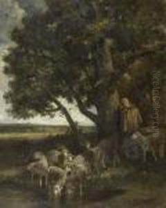 Herdsmen With Sheep Under A Tree. by Charles Emile Jacque