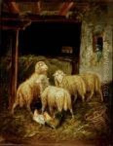 Sheep And Roosters In A Barn by Charles Emile Jacque