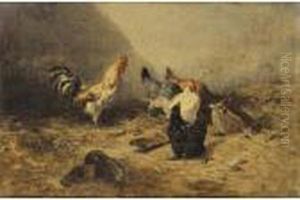 Coq Et Poules [charles-emile-jacque, Cock And Hens, Oil On Canvas, Signed] by Charles Emile Jacque