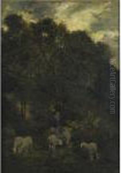 Shepherd With A Flock Of Sheep - view 1