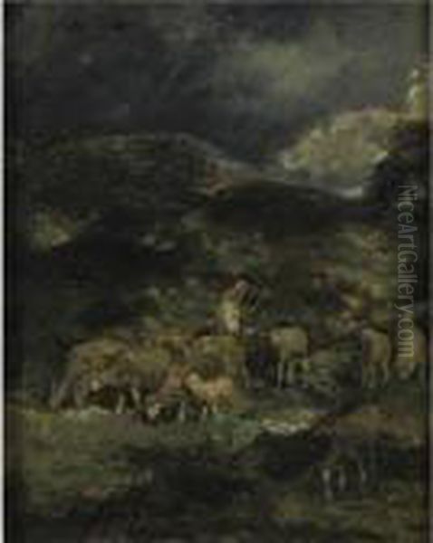 Shepherd With Sheep On A Stormy Day - view 1